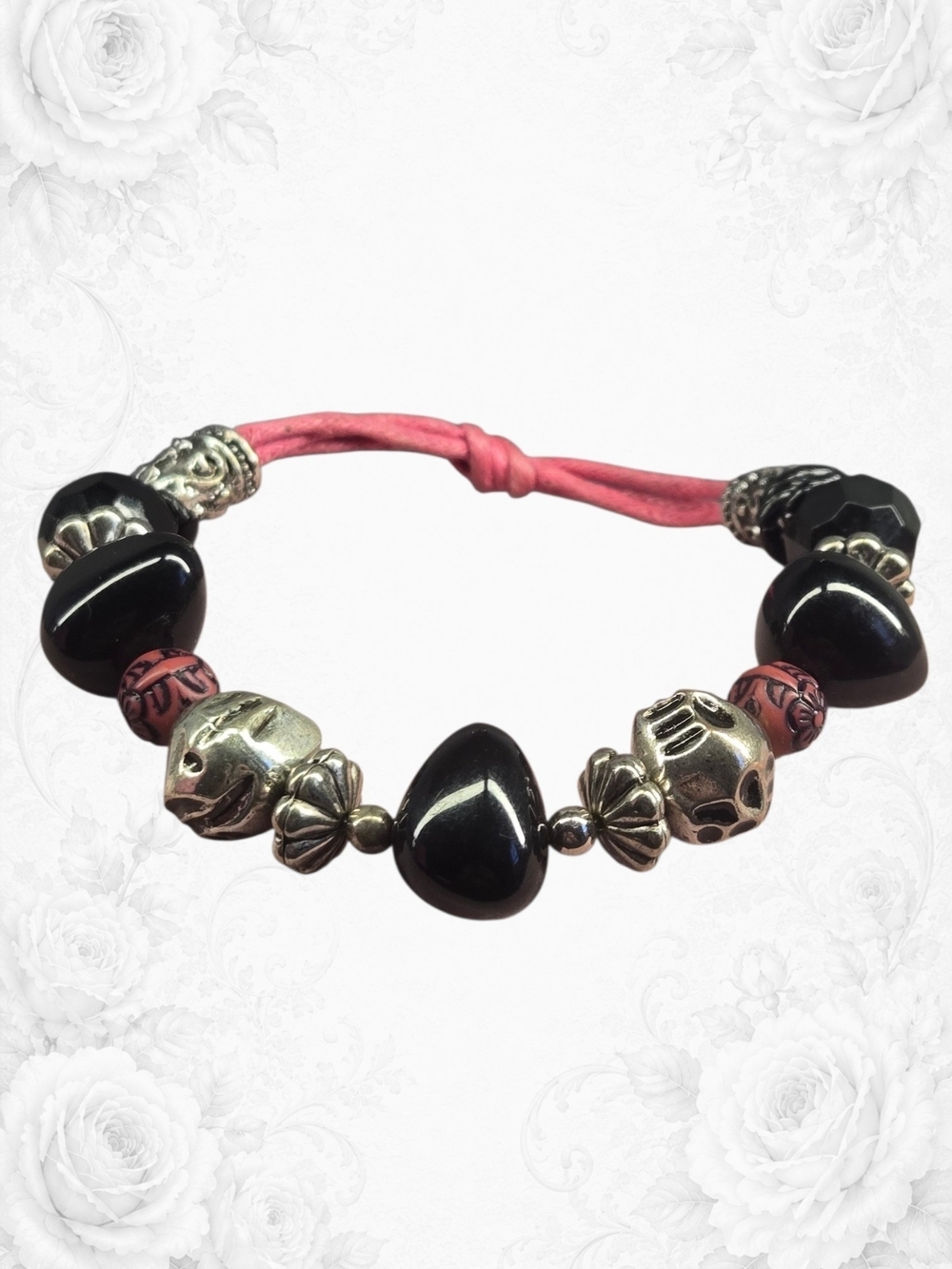 Handmade Black Bead & Pink Cord Adjustable Bracelet